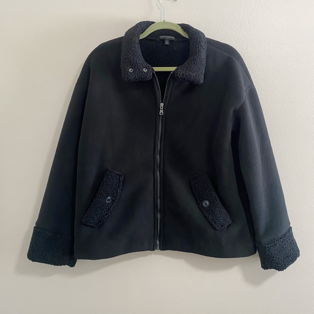 Banana Republic Factory Black Faux Sherpa Zip Up Jacket Size Medium
